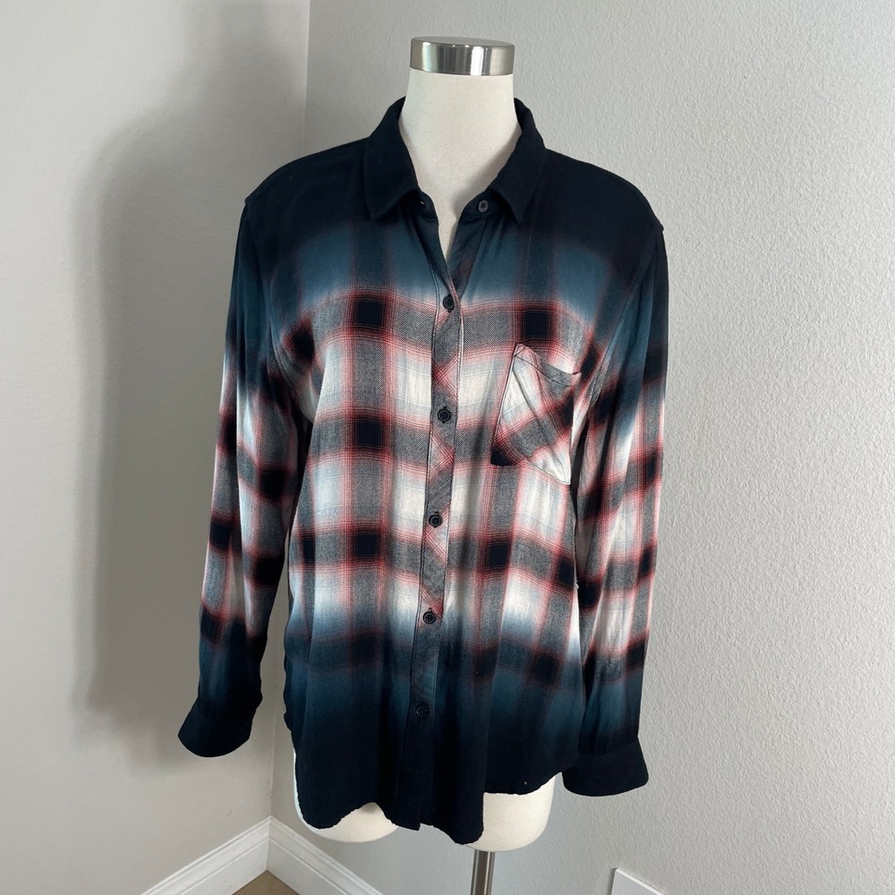 Rails Womens Large Hunter Ivory Smoke‎ Dip Dye Plaid Button Up Shirt Ombre